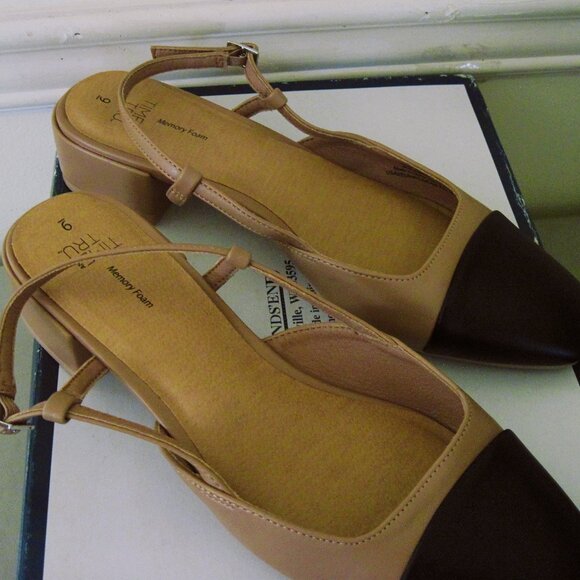 TIME & TUE Women Bro/Black Size 9-Shoes Faux Leather-Memory Foam-Strap Open Back - Picture 1 of 9
